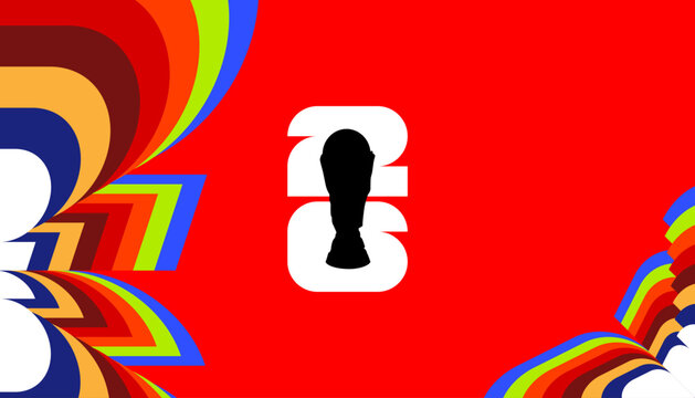 Abstract 2026 world cup background with colorful curved lines and trophy silhouette, creative graphic design for sports event, soccer championship celebration poster