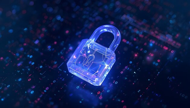 Abstract 3D digital padlock made of translucent crystal on a binary code background.