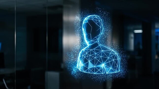 Futuristic Holographic Avatar Displaying Digital Identity in Office