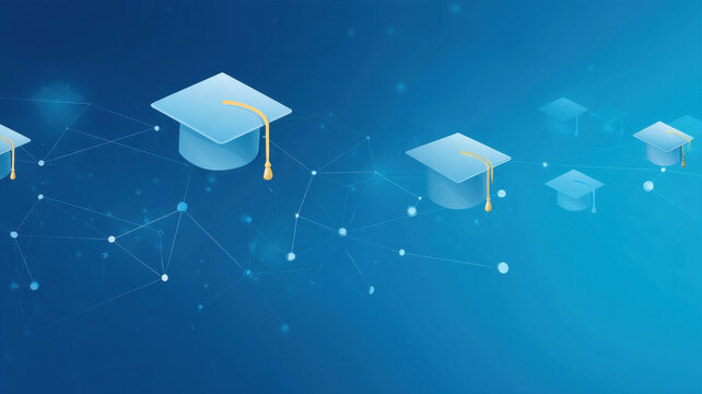 Online education background graduation cap blue digital network connection learning technology abstract academic success distance study modern education