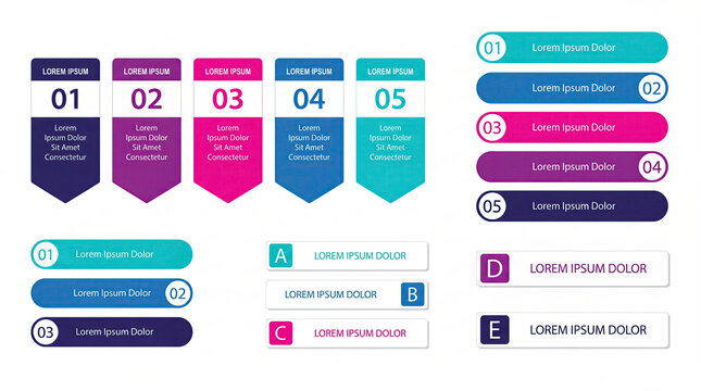 Infographic elements template collection featuring colorful numbered banners step indicators and bullet points set against a clean white background