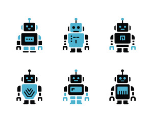 Fototapeta premium Six Black and Blue Robot Icons on White Background