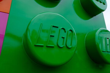 Obraz premium Shanghai,China-May 30th 2026: LEGO logo on building brick stud in Legoland