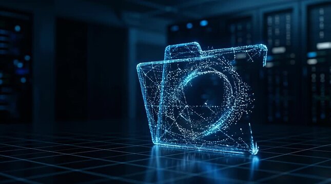 Futuristic Holographic Camera Icon Glowing in Dark Digital Environment