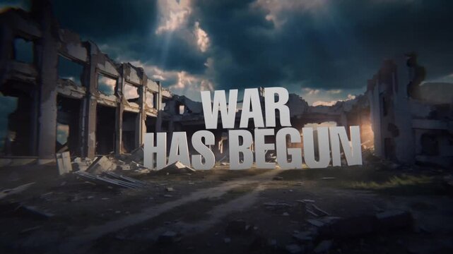 War has begun dramatic ruins and 3d headline text typography over destroyed urban landscape with stormy sky