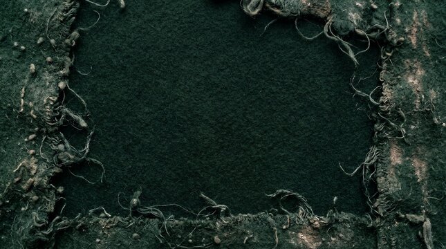 Dark Green Worn Felt Fabric Background with Distressed Frayed Edges