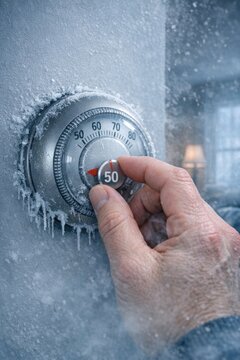 A person's hand presses a thermostat control on a wall, possibly adjusting temperature settings
