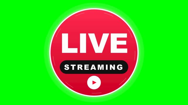Live streaming badge icon with pulsing red glow and play button on green screen for real-time digital broadcast content.