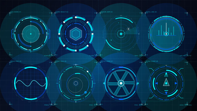 Futuristic cyan HUD interface set with eight circular scanner modules, radar sweep, data link chart, optic lens, gyro compass and dark grid.