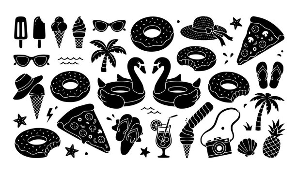 Black summer pool float and treat icon set isolated on white background