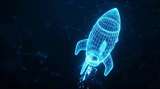 Futuristic Rocket Hologram Assembling with Glowing Particles