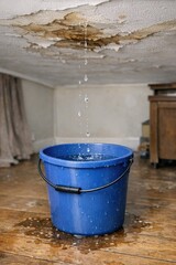 Fototapeta premium A blue bucket with water flowing out, suitable for gardening or farm scenes