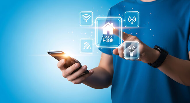 Man controlling smart home interface with smartphone on blue