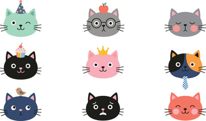 Fototapeta premium Cute Cat Face Illustration Collection with Cartoon Pet Characters and Kawaii Animal Expressions for Graphic Design Projects