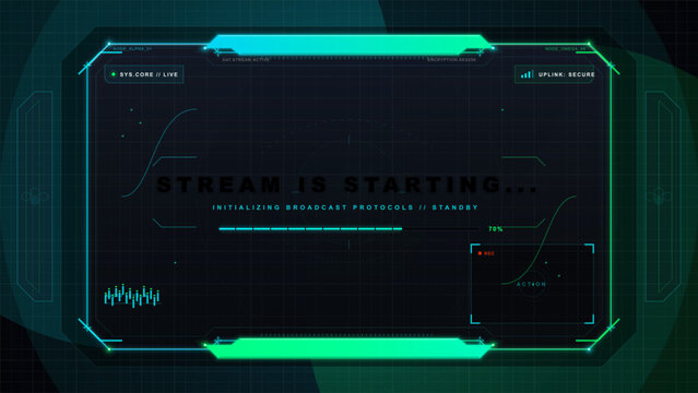 Futuristic dark broadcast starting screen with cyan and green neon frame, progress bar, secure uplink labels and digital grid interface