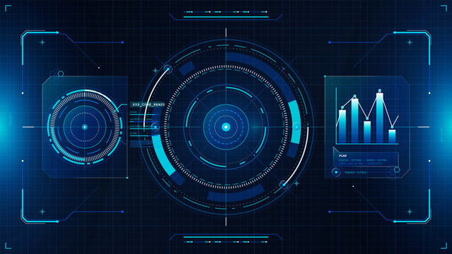 Futuristic blue HUD interface with central circular radar, glowing grid frame, analytics chart, targeting reticles, and neon cyber controls.
