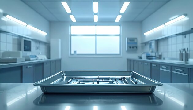 Sterile surgical instrument tray with precise medical tools arranged for a procedure in a brightly lit hospital room