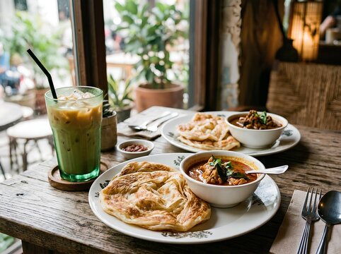 Malaysian Roti Canai Breakfast with Curry and Iced Milk Tea at Cozy Cafe