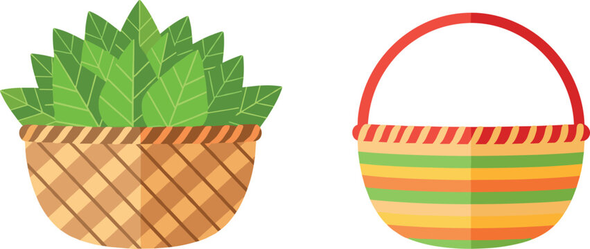 Woven Basket with Green Leaves and Colorful Striped Empty Basket Vector Icons Set for Nature, harvest, and Decoration Design Concepts