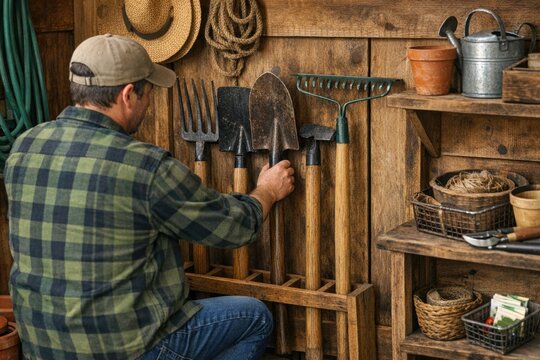 A person assembles a wooden tool rack for gardening tools, with a plaid shirt and hat