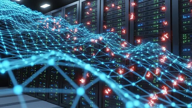server room with data network representing the seamless integration of human and machine
