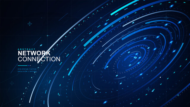 Abstract network connection background with glowing blue spiral data rings, orbiting nodes, cyan light trails, and dark futuristic grid.
