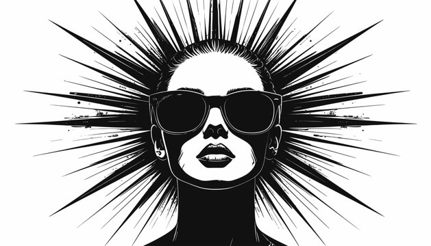 A woman wearing sunglasses has a stylish illustration with explosive lines around her head.