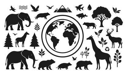 Fototapeta premium Global wildlife icons surround the Earth with various animals and trees in a natural setting.