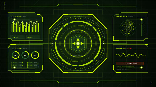 Futuristic green HUD dashboard with central reactor scanner, system status charts, data flow gauges, target node, and critical error log.
