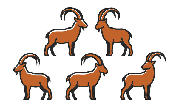Mountain Goat Animal Illustration Collection with Curved Horn Wildlife Symbols for Nature and Outdoor Vector Design Projects