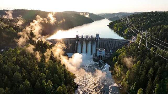 Hydroelectric dam reservoir spillway releasing water into misty forest river valley at sunrise with power lines and dramatic peaceful energy landscape