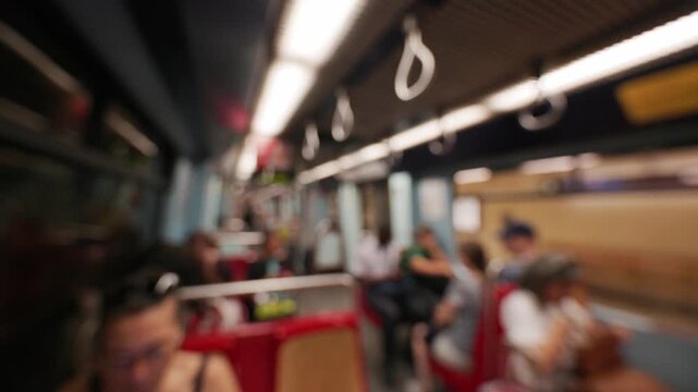 Passengers seated and standing inside a subway train, with visible handrails and blurred backgrounds, showcasing the daily commute experience in an urban environment