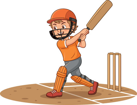 Young Boy Cricket Player Batting with Helmet Pads and Bat Near Stumps on Pitch Cartoon Vector Illustration
