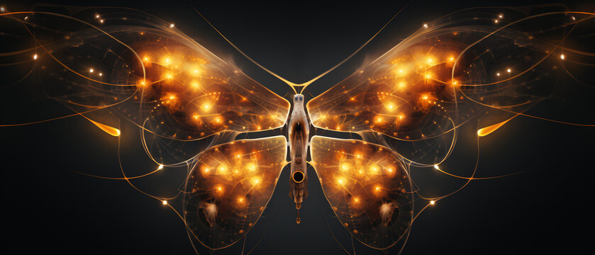 Glowing digital butterfly with intricate circuits and warm orange lights against a dark background
