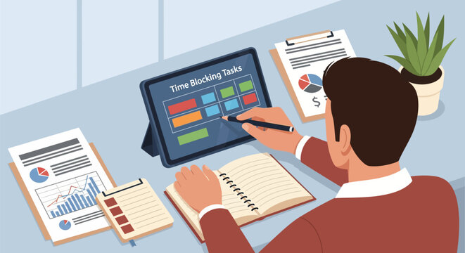 Business Professional Using Digital Tablet for Time Blocking and Task Management Strategy
