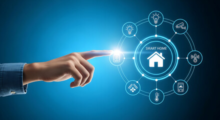 Fototapeta premium Hand touching smart home digital interface over blue background