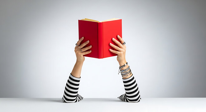 Hands holding red book covering face on minimal background