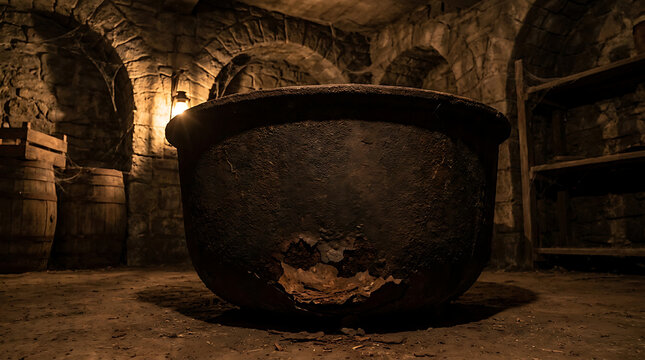 An ancient, heavily rusted cast iron cauldron rests within a dimly lit stone chamber, evoking a sense of historical mystery.