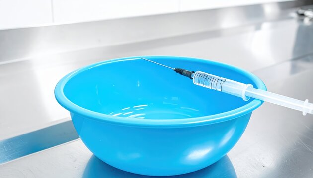 Sterile medical syringe with saline solution and catheter tip poised over a blue bowl, ready for use