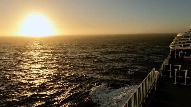 Calm ocean view from a sailing boat at sunset, with golden light reflecting on gentle waves. The horizon glows with warm colors, creating a peaceful and serene atmosphere of travel and freedom