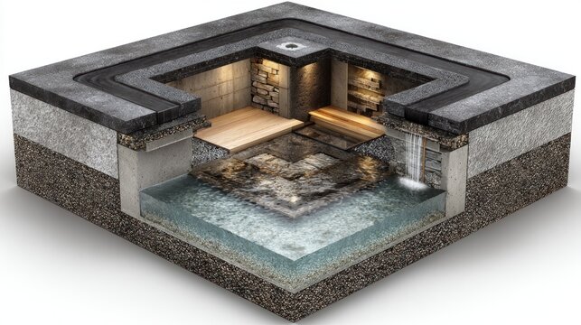 Isometric cross-section of a tranquil indoor spa with waterfall and stone