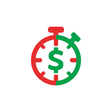 A red and green stopwatch design with a dollar sign at its center