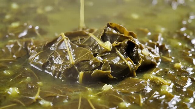 Closeup of delicious cooked collard greens being stirred in a pot.