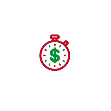 A red and green icon featuring a stopwatch with a dollar sign inside