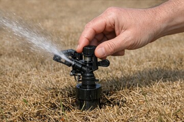 Fototapeta premium A person watering the lawn with a sprinkler system
