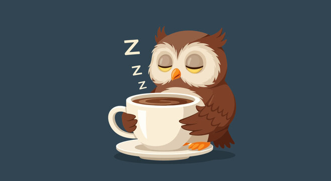 Owl Sleeping with Coffee Cup.