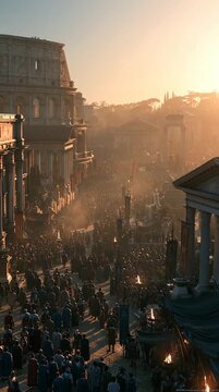 Wide shot of ancient Rome at golden hour, Colosseum, Forum Romanum, and temples bathed in warm sunlight, crowds in togas moving naturally, atmospheric dust, cinematic historical scene.