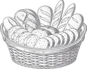 Fototapeta premium A wicker basket overflowing with assorted breads and sliced loaves