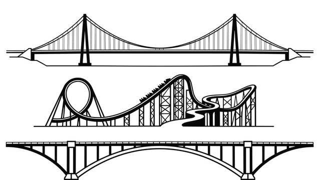 Bridge Collection Vector Illustration with Suspension Bridge, Roller Coaster Track, and Arch Bridge Structures for Transportation and Engineering Designs
