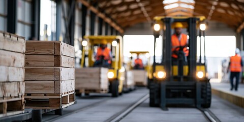 Naklejka premium Interior of a bustling warehouse, showcasing efficient forklifts moving wooden crates, representing industry and productivity in a modern day supply chain environment.